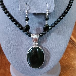 Obsidian necklace & earring set in .925 Sterling